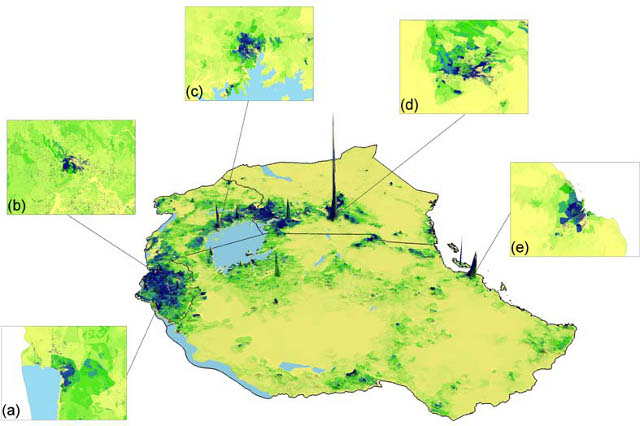 Représentation en 3D d'une résolution spatiale à 100 mètres, version alpha, population d'Afrique de l'Est 2009 - afripop.org